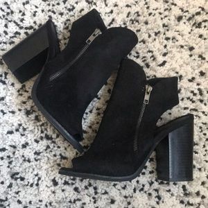 Chunky Heel Suede Peep Toe Booties